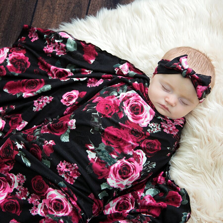 

Floral Print Baby Swaddle Blanket and Headband