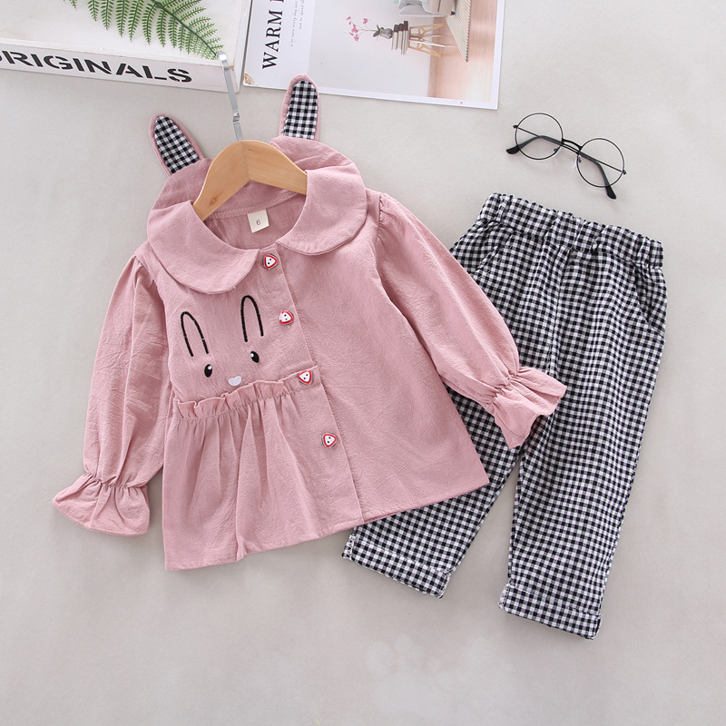 

Baby Girl Doll Collar Solid Top and Plaid Pants Set
