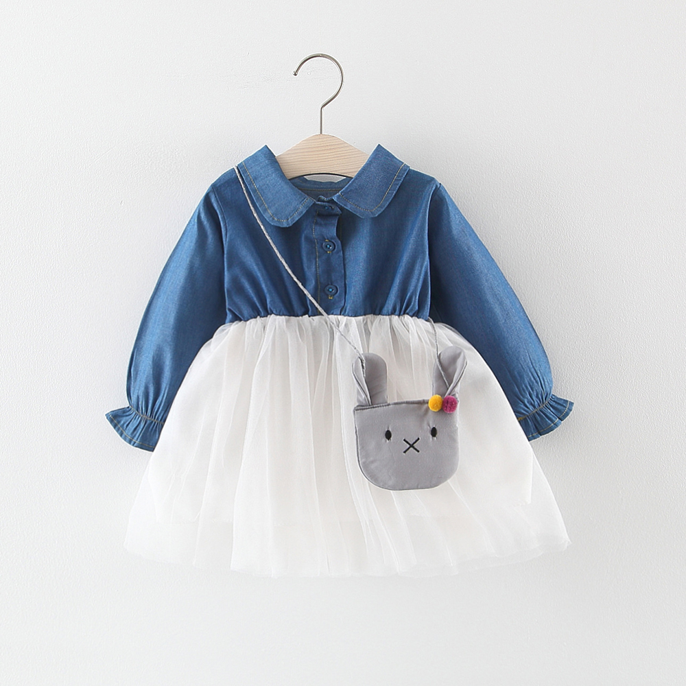 

2-piece Baby / Toddler Sweet Denim Splice Tulle Dress with Rabbit Bag Set