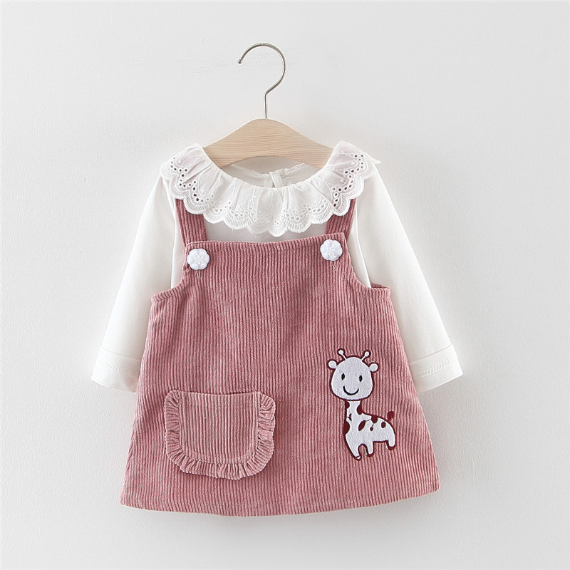 

2-piece Baby / Toddler Faux-lace Collar Blouse and Solid Giraffe Suspender Skirt Set