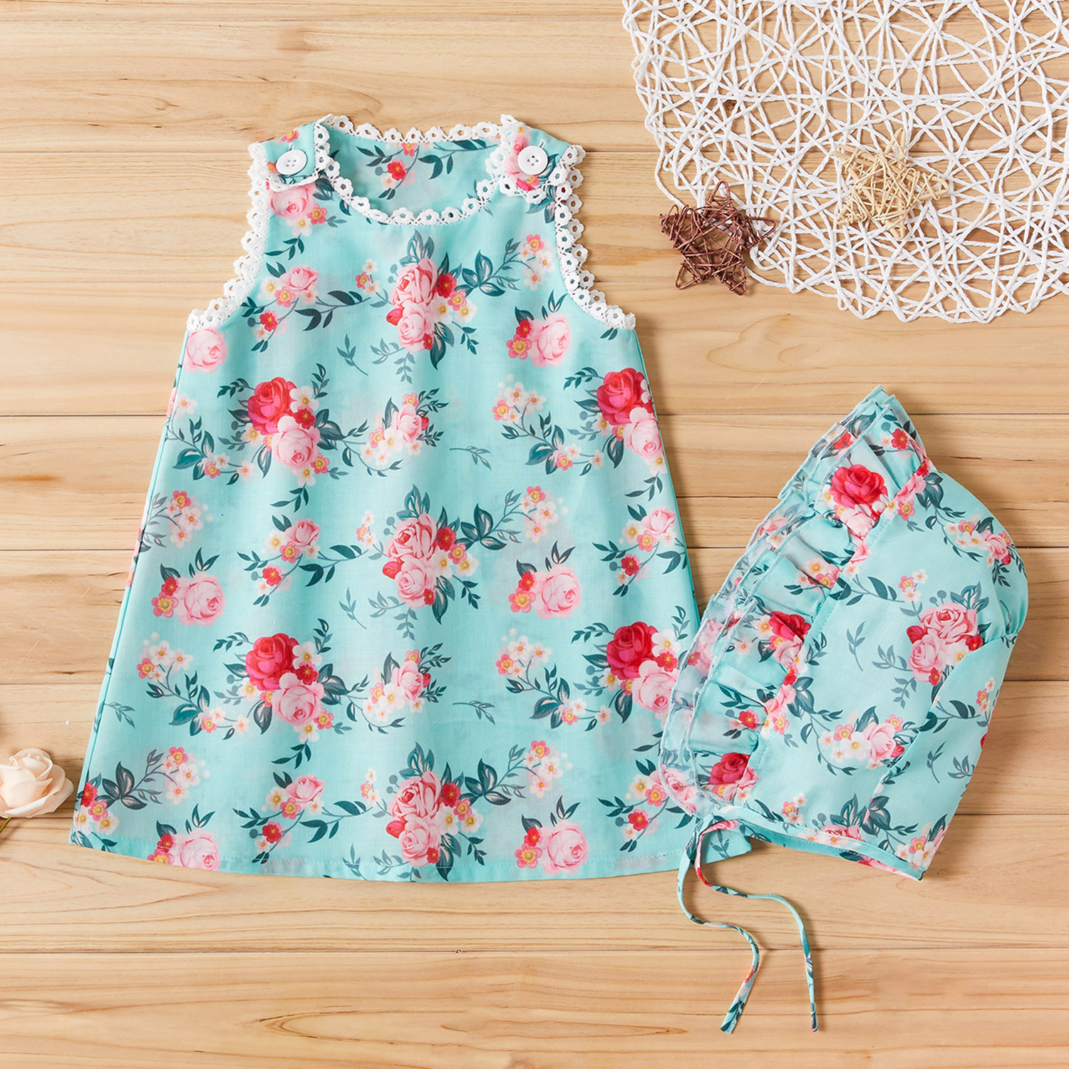 

2-piece Baby / Toddler Floral Print Lace Decor Dress with Hat Set