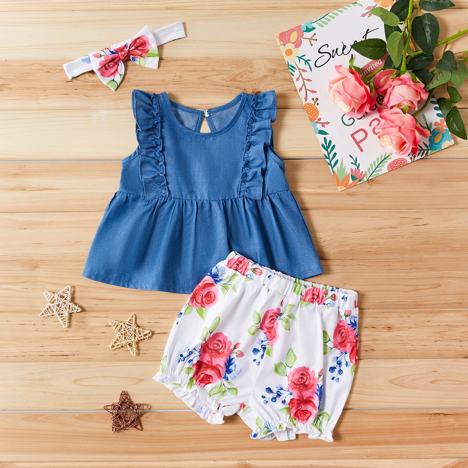 

3-piece Baby / Toddler Ruffled Sleeveless Top and Floral Shorts with Headband Set
