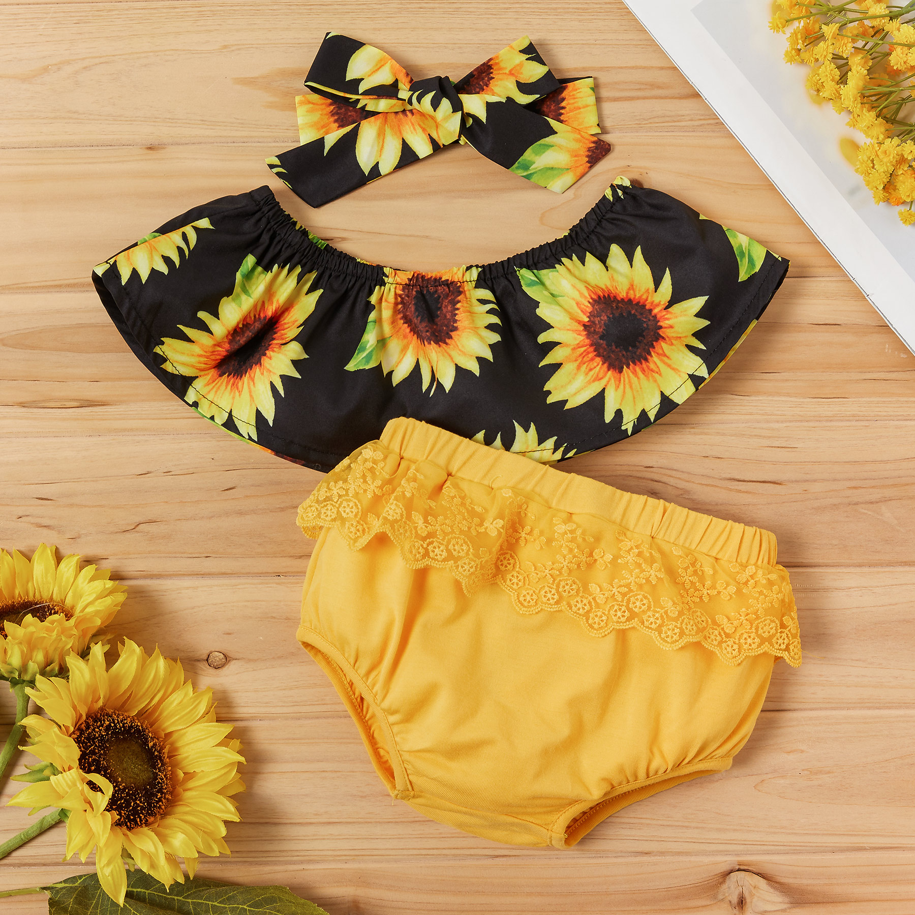 

3-piece Baby / Toddler Stylish Sunflower Off Shoulder Top and Lace Decor Shorts with Headband Set