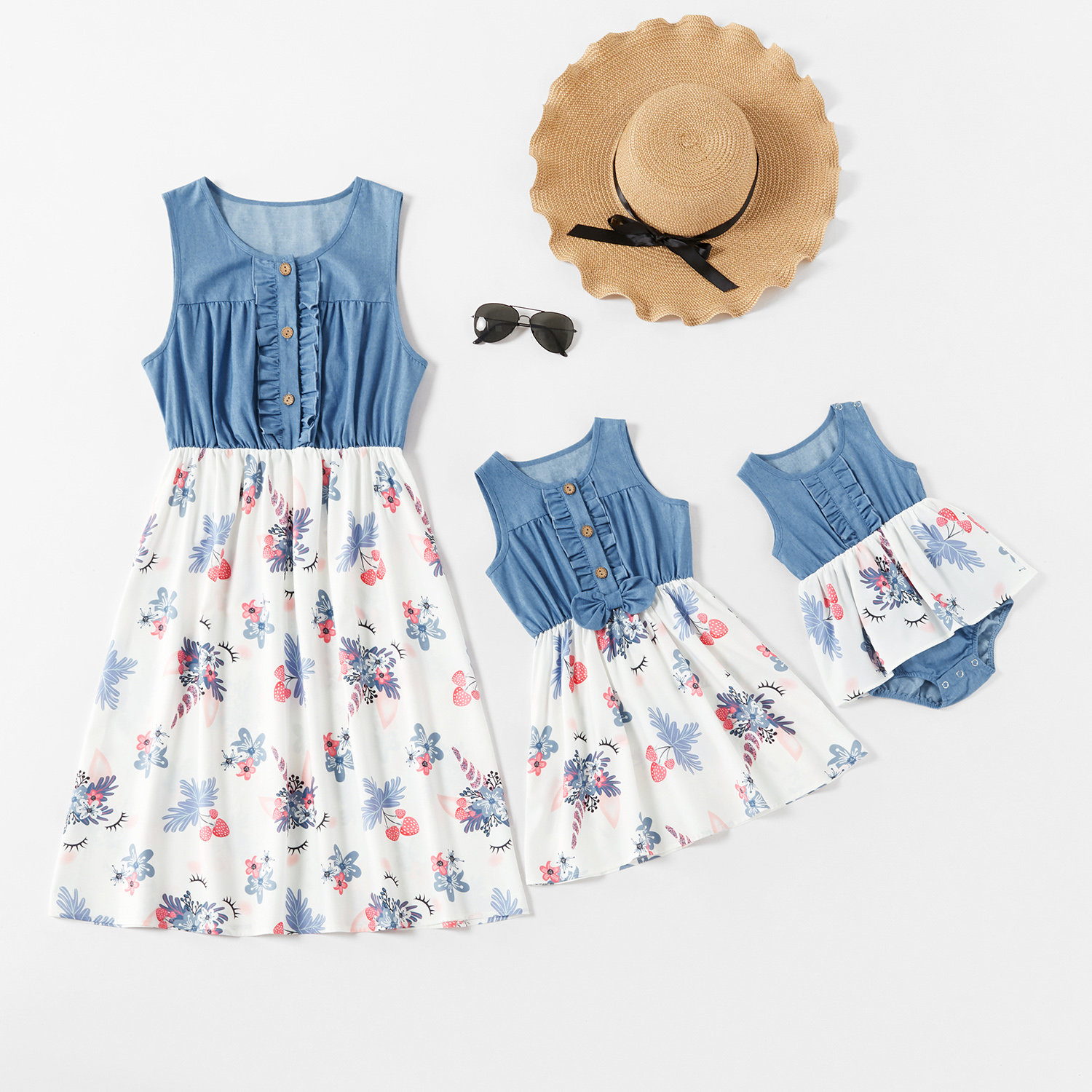 

Unicorn Pattern Denim Stitching Matching Midi Tank Dresses