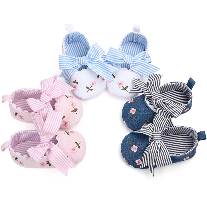 

Baby / Toddler Cute Striped Bow Flower Embroidered Canvas Prewalker Shoes