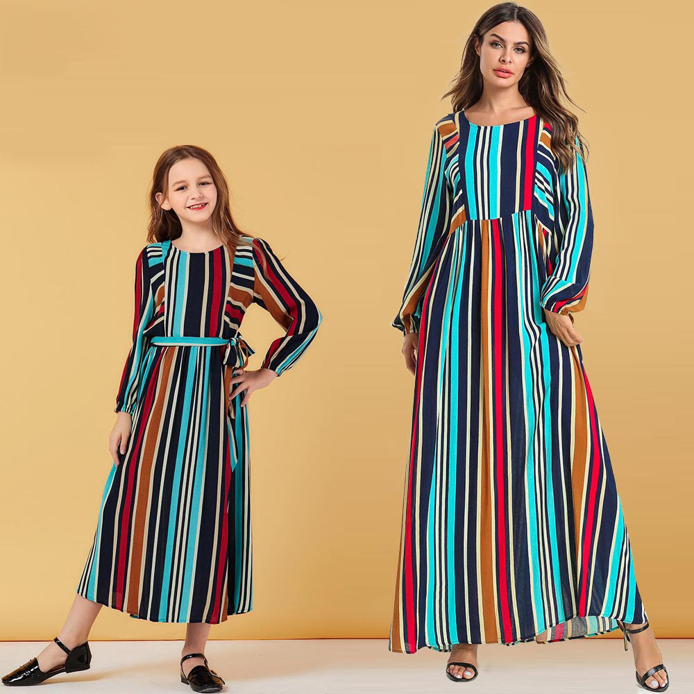 

Beautiful Long-sleeve Striped Matching Dress for Mom and Me