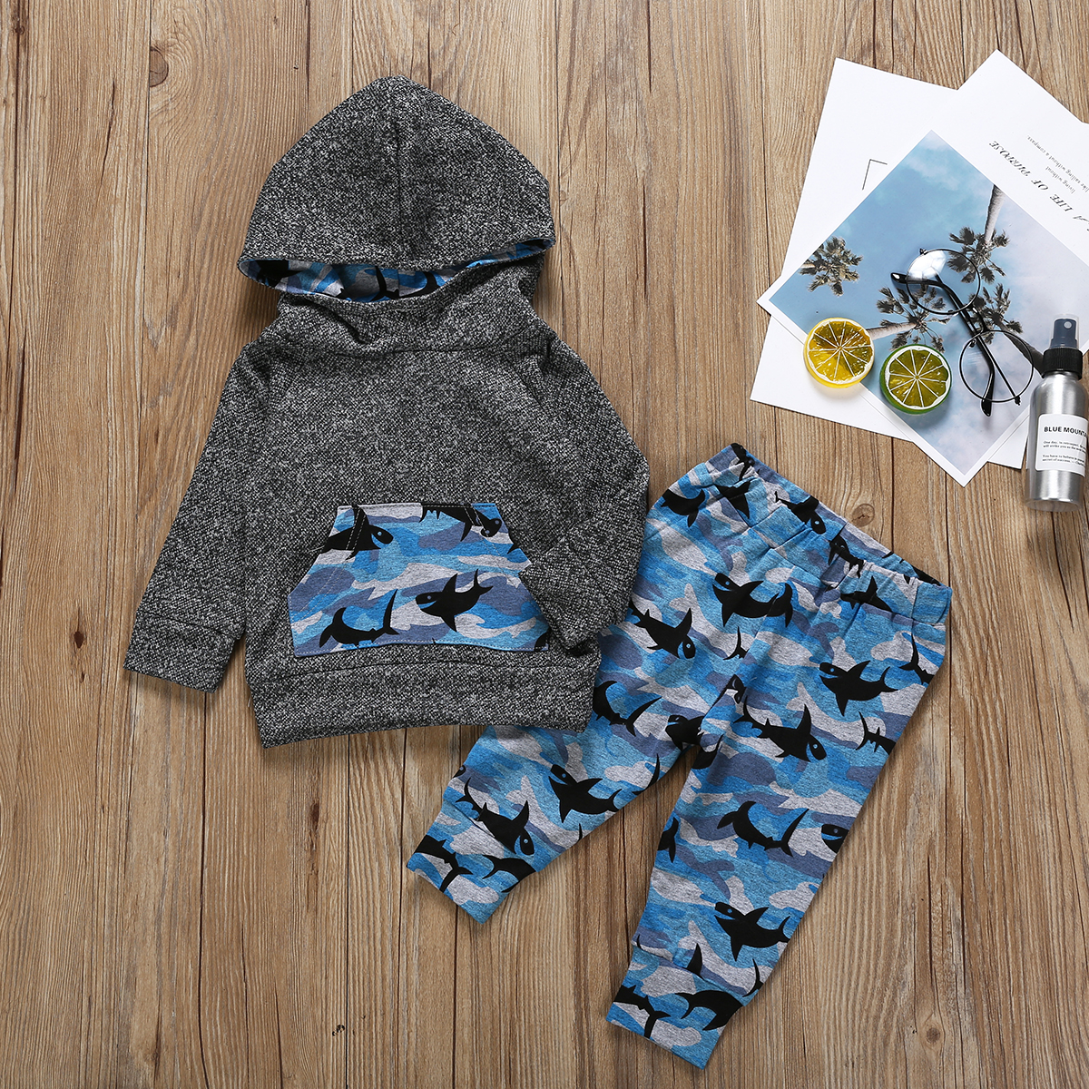 

Baby Boy Trendy Shark Print Long-sleeve Hoodie and Pants Set