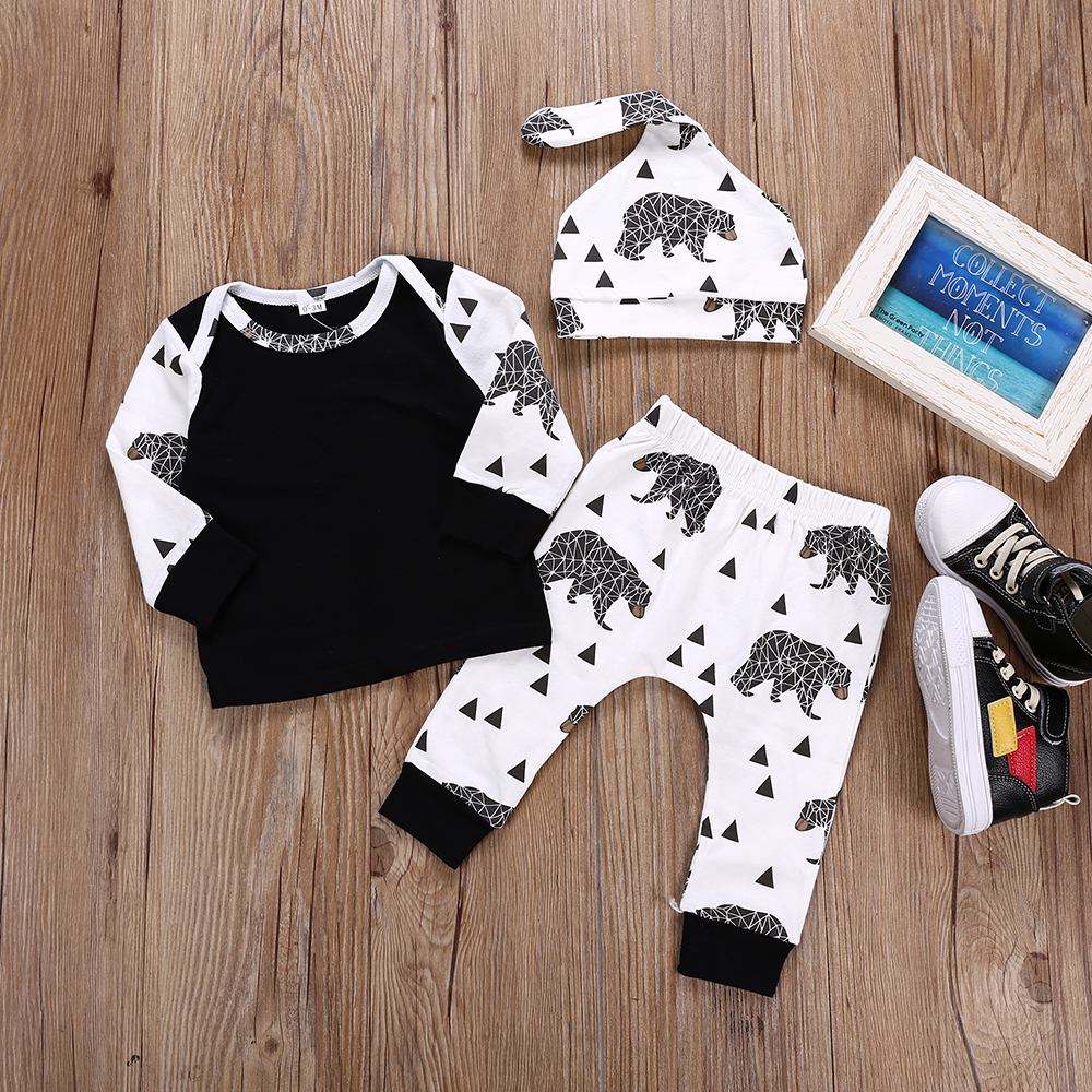

3-piece Baby Boy Black Bear Print Long-sleeve Top and Triangle Pants with Hat Set
