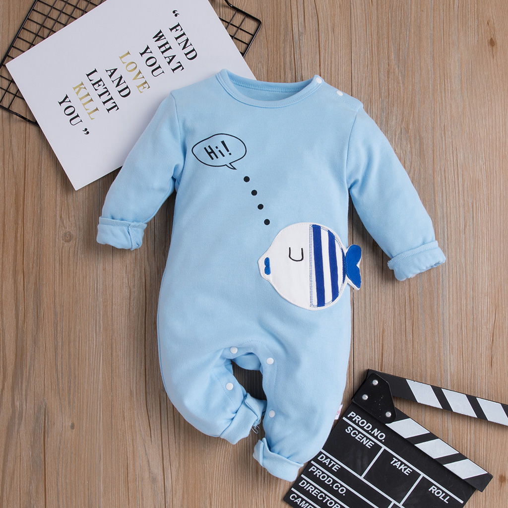 

Baby Solid Style Fish Embroidery Long-sleeve Jumpsuit