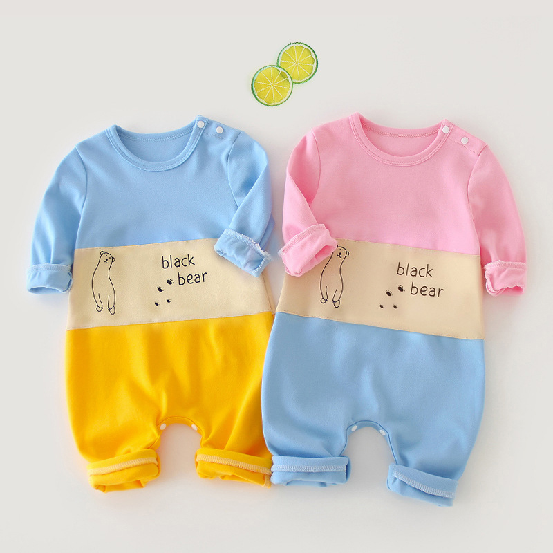 

Baby Color Contrast Bear Print Cotton Style Long-sleeve Jumpsuit