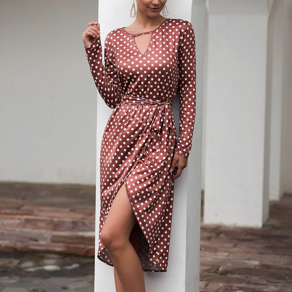 

Sassy Polka Dots Tie-up Split Long-sleeve Dress