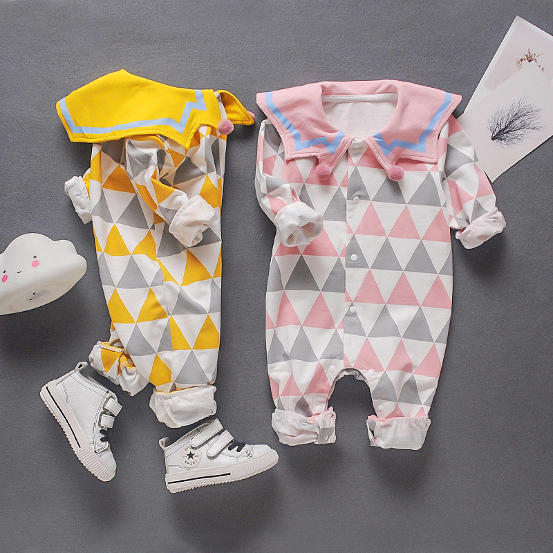 

Baby Plaid Style Doll Collar Pompom Decor Long-sleeve Jumpsuit