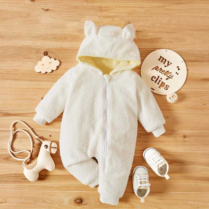 

Solid Hooded 3D Ear Long-sleeve Beige Baby Jumpsuit