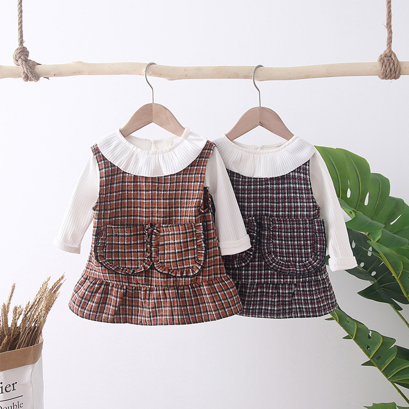 

Baby / Toddler Preppy Style Faux-two Doll Collar Plaid Pocket Long-sleeve Dress