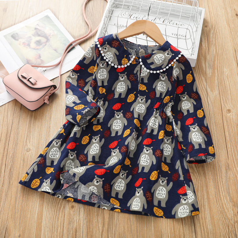 

Baby / Toddler Girl Fashionable Bear Allover Print Doll Collar Long-sleeve Princess Dress