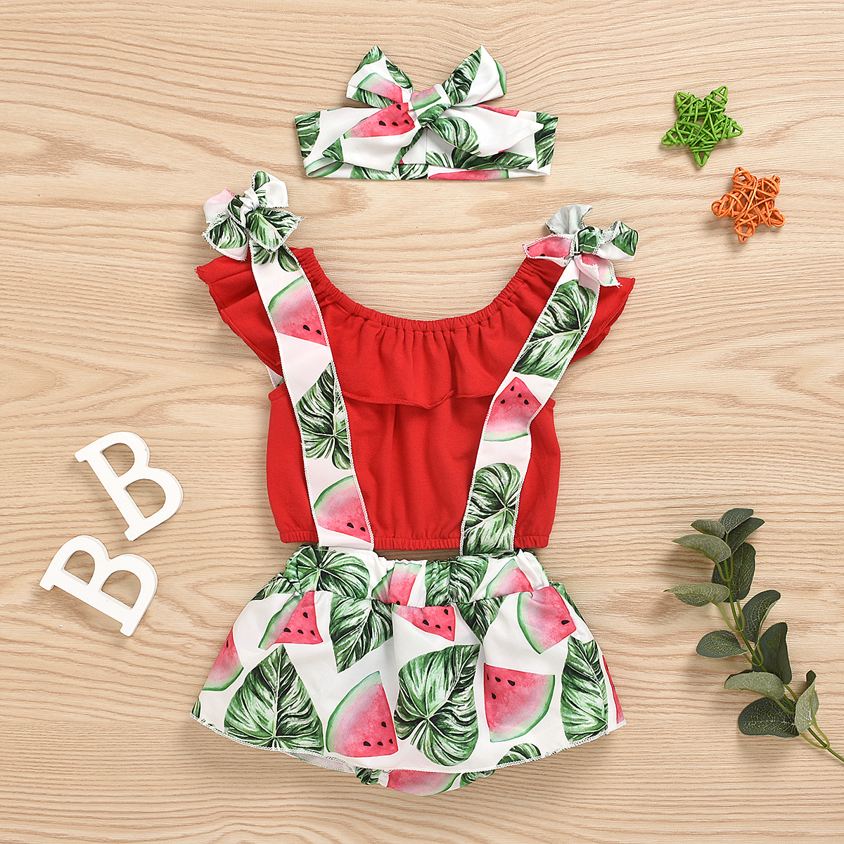 

3-piece Solid Flounced Top and Suspender Shorts Set
