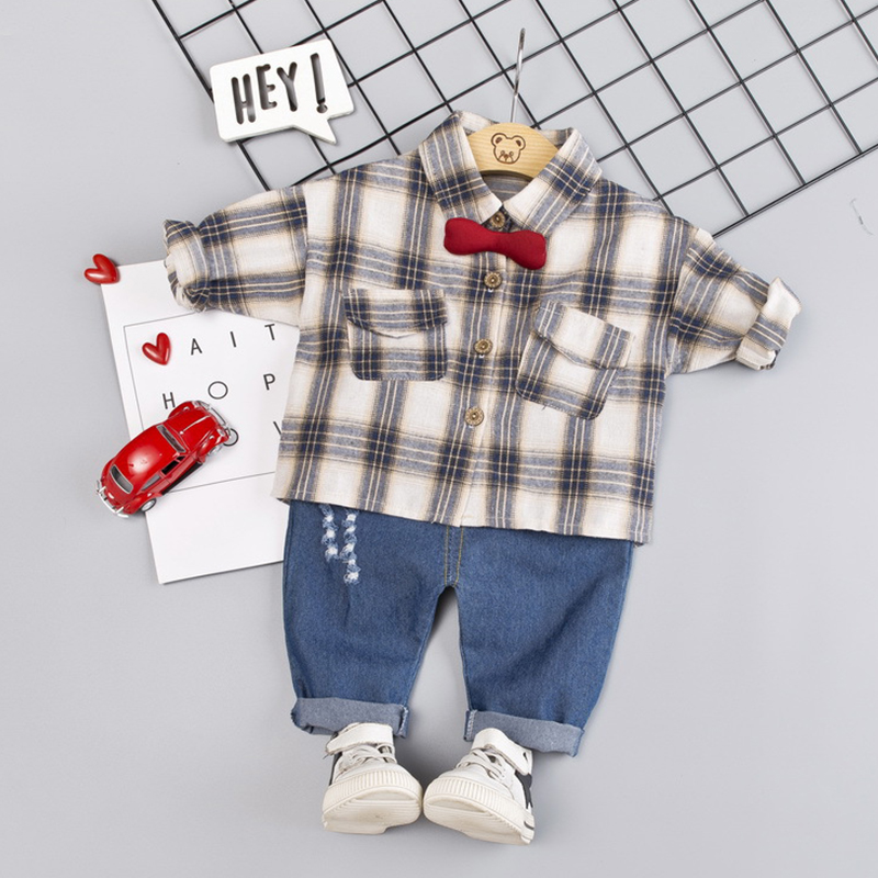

Baby Boy Trendy Plaid Bowknot Shirt and Jeans Set