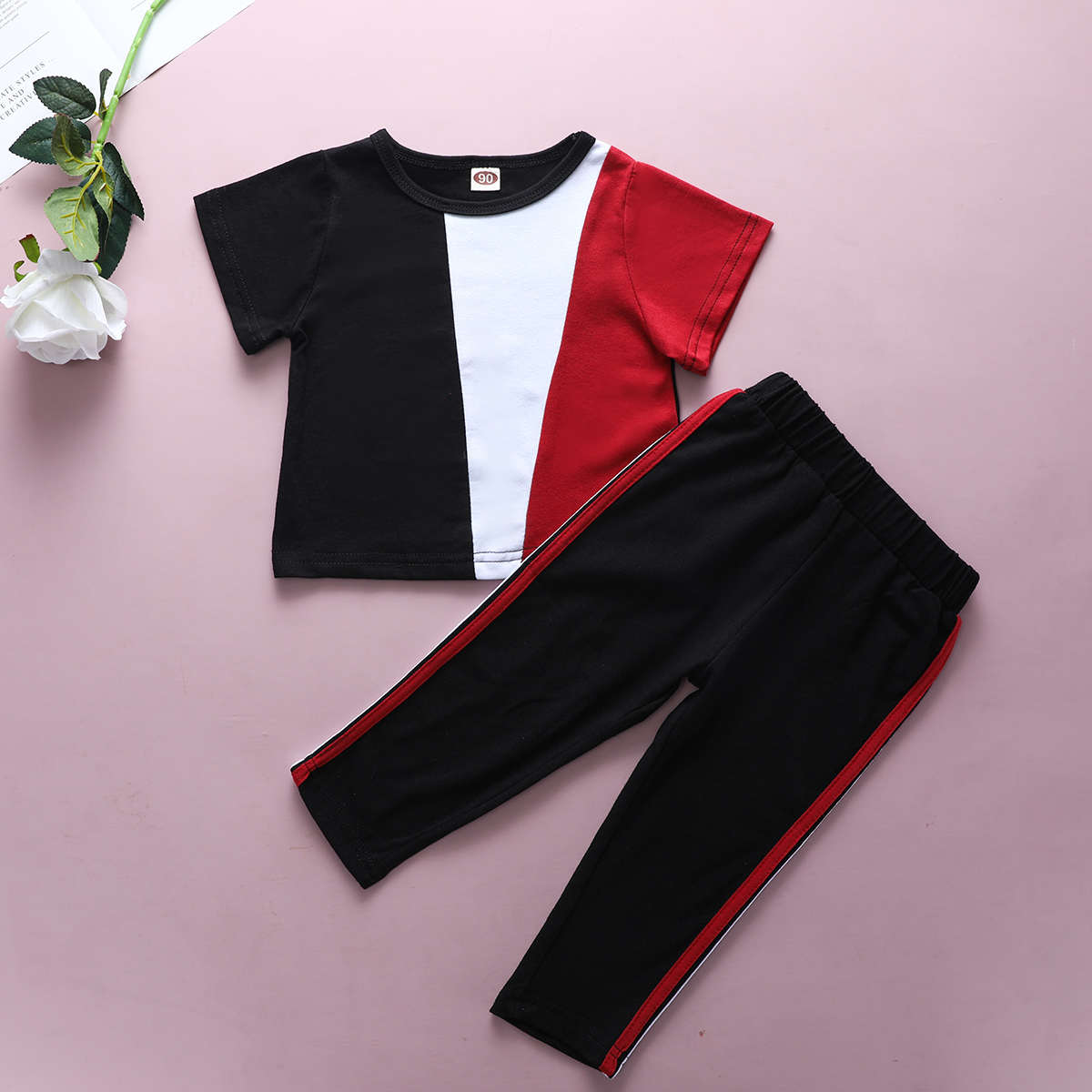 

2-piece Baby / Toddler Colorblock Short-sleeve Top and Striped Pants Set