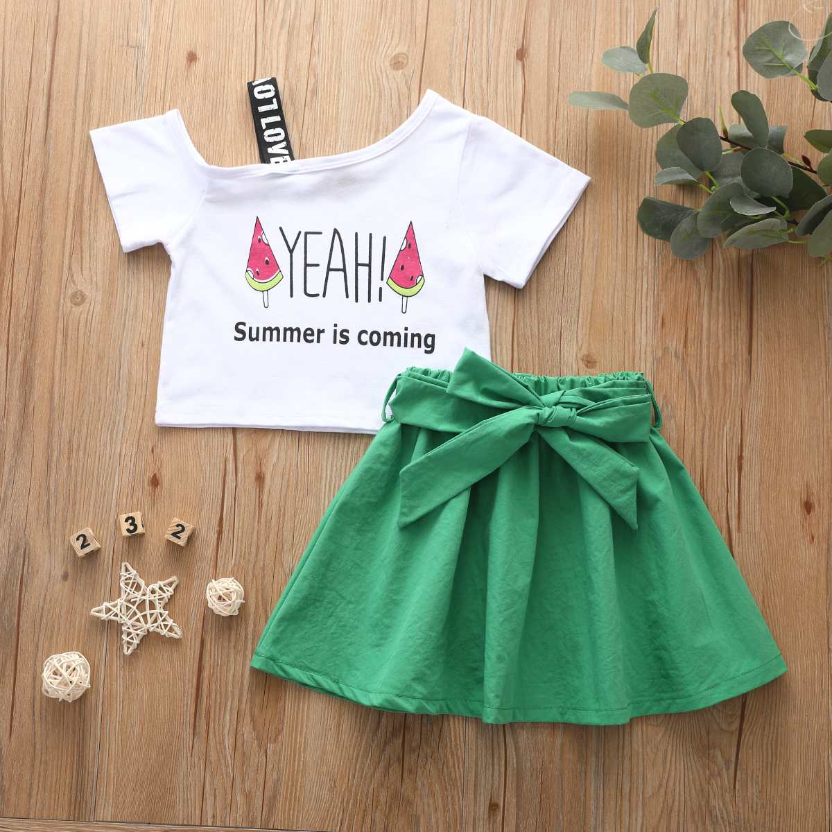 

2-piece Baby / Toddler Girl Letter Print Top and Solid Skirt Set