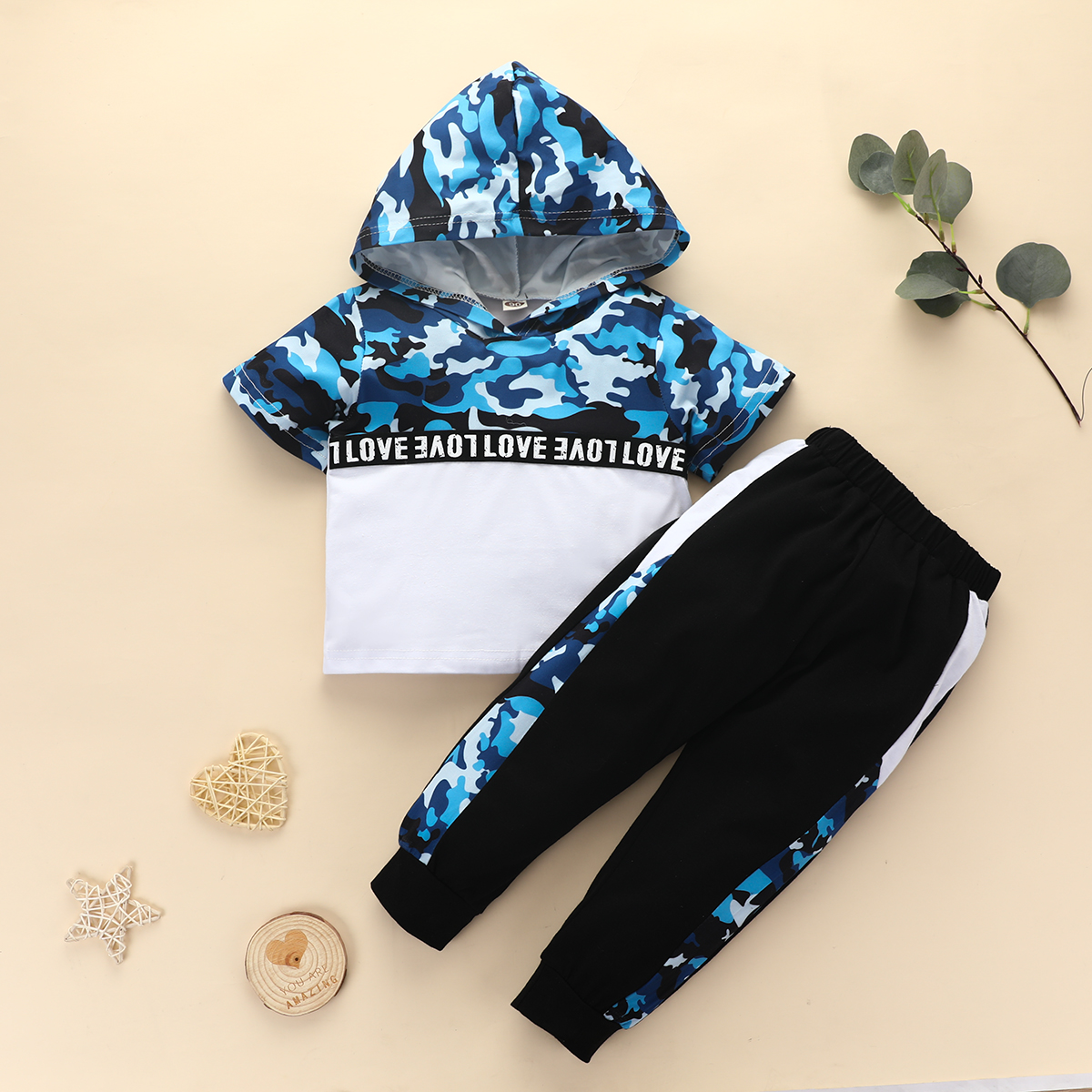 

2-piece Baby / Toddler Boy Camouflage Letter Print Hooded Top and Pants Set