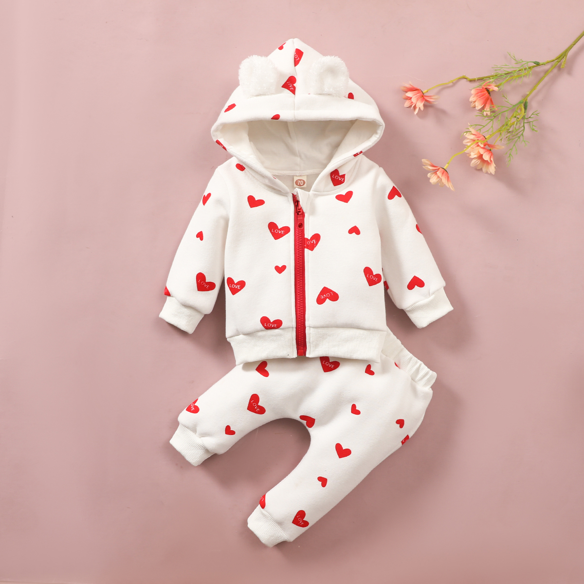 

2pcs Heart Allover Hooded Long-sleeve White Baby Set