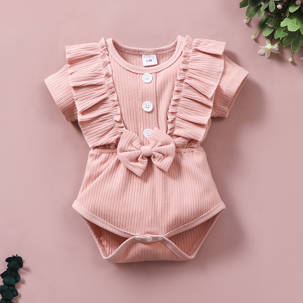 

Ribbed Solid Ruffle and Bow Decor Short-sleeve Baby Romper