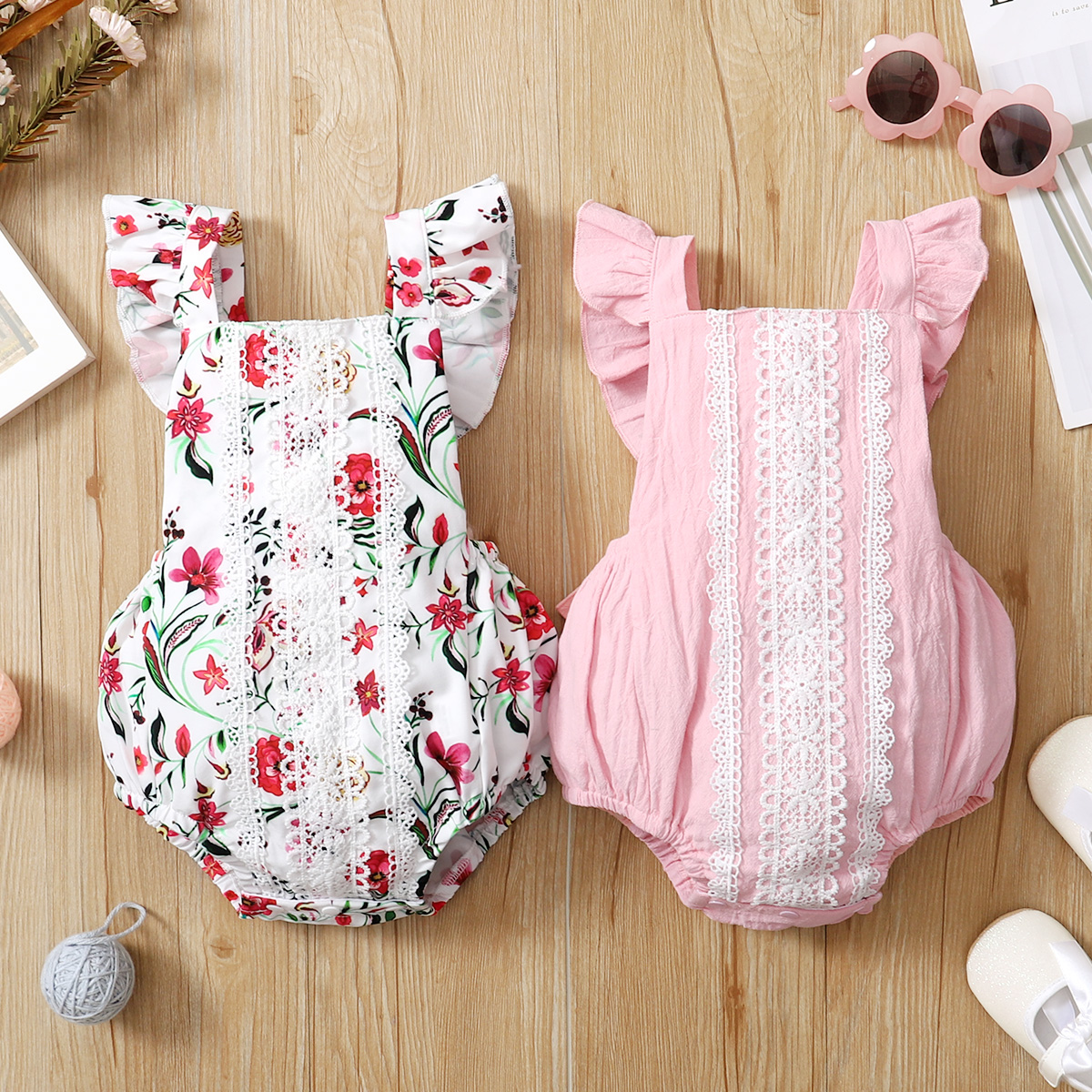 

Floral Print Lace Decor Flutter-sleeve Baby Romper