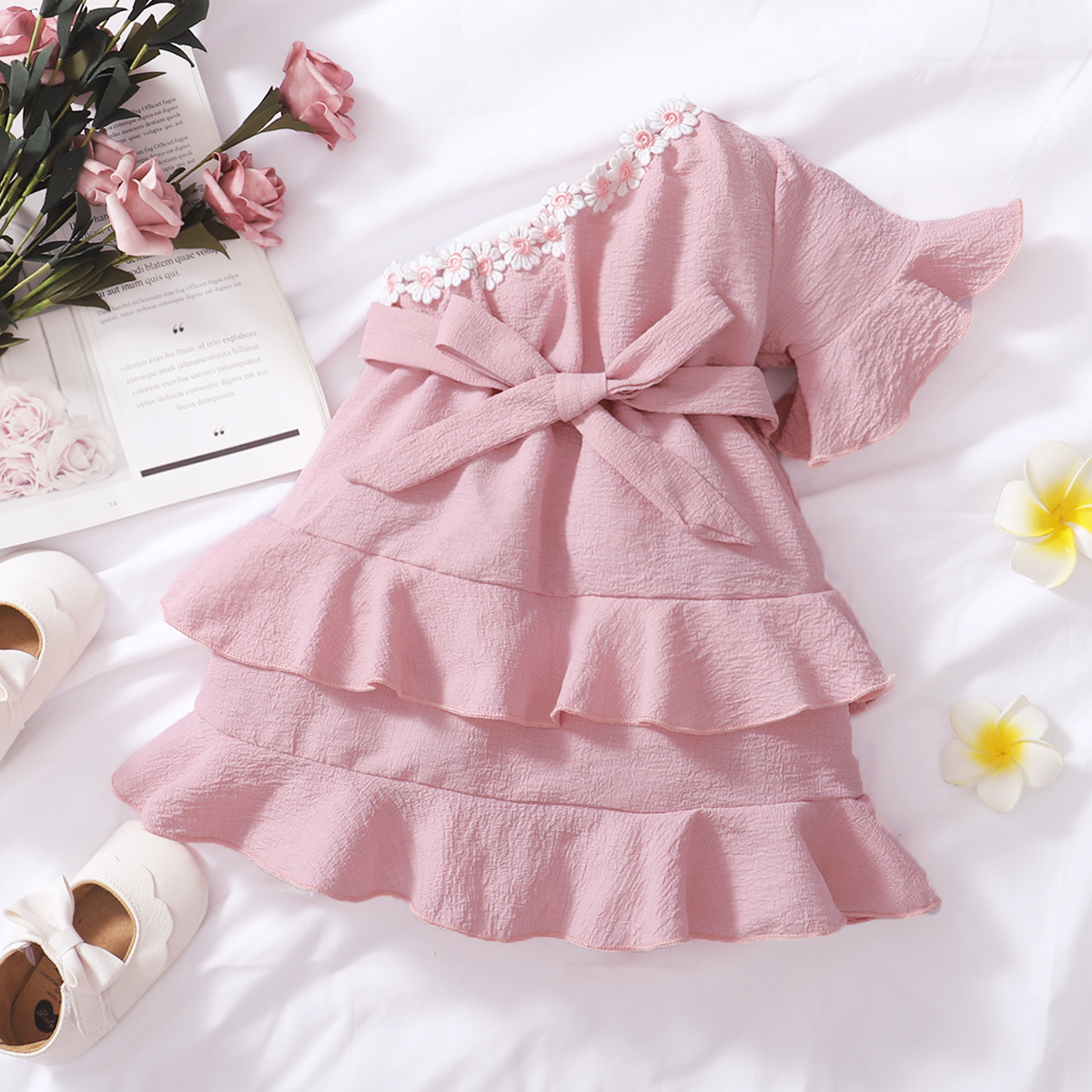 

Solid Lace and Flounce Decor One Shoulder Pink Baby Dress