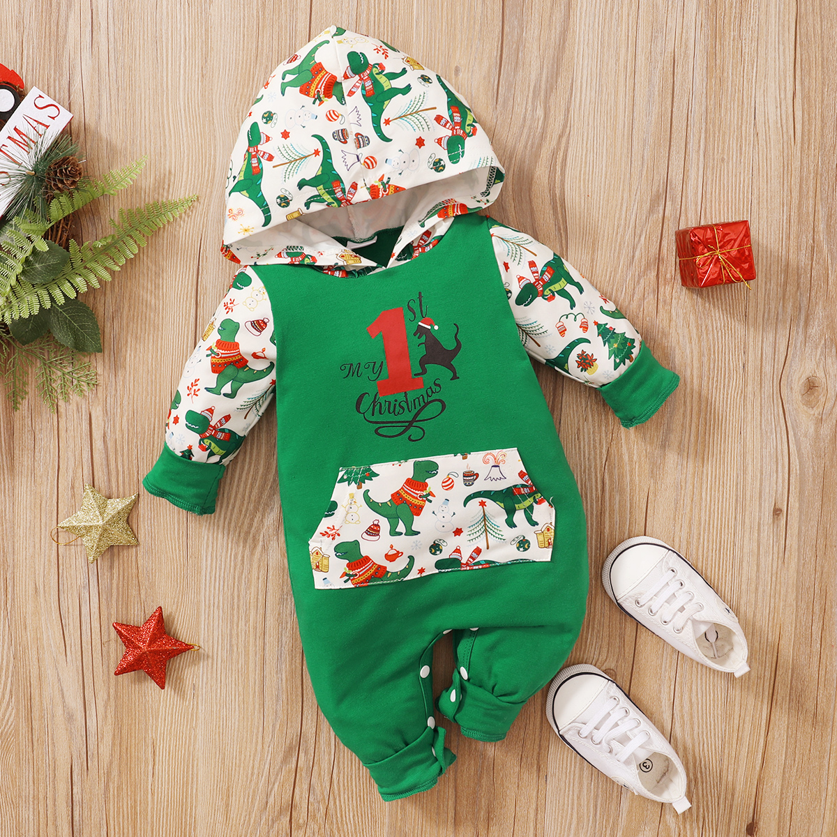 

Christmas Dinosaur Print Hooded Long-sleeve Green Baby Cotton Jumpsuit