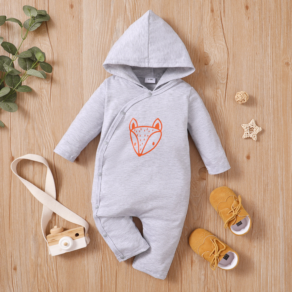 

Baby Graphic Fox Print Grey Long-sleeve Hooded Jumpsuit