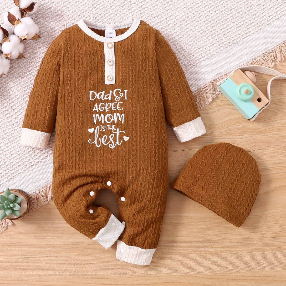 

2-piece Baby Girl/Boy Letter Embroidered Cable Knit Long-sleeve Jumpsuit and Cap Set