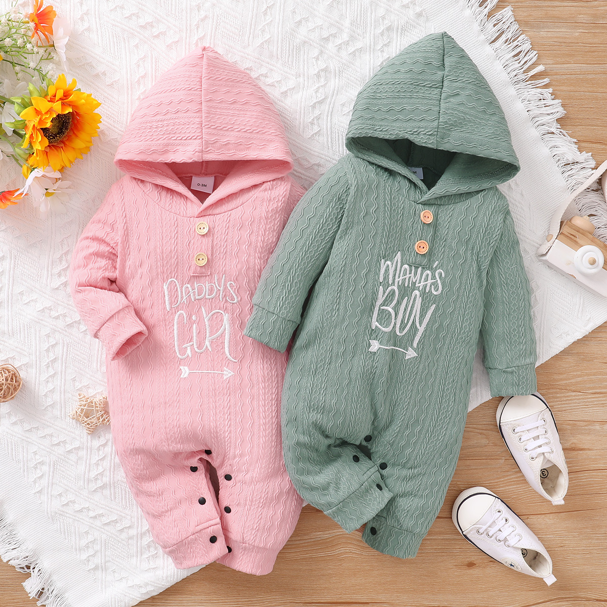 

Baby Boy/Girl Letter Embroidered Solid Cable Knit Long-sleeve Hooded Jumpsuit