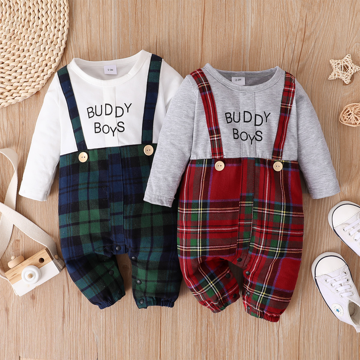 

Baby Boy/Girl Letter Print Solid Long-sleeve Splicing Plaid Jumpsuit