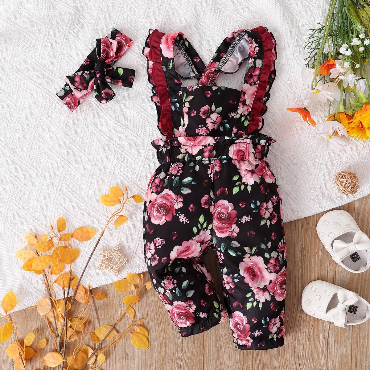 

2pcs Baby Girl All Over Pink Floral Print Ruffle Sleeveless Jumpsuit Overalls Set