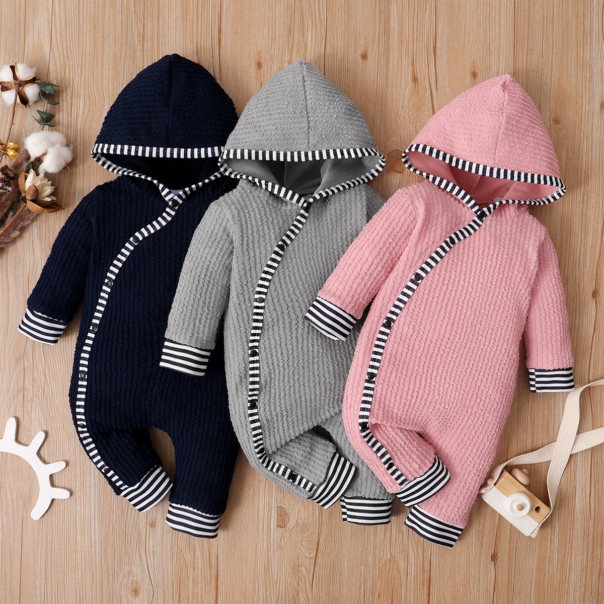 

Baby Boy/Girl Striped Splicing Knitted Long-sleeve Hooded Jumpsuit