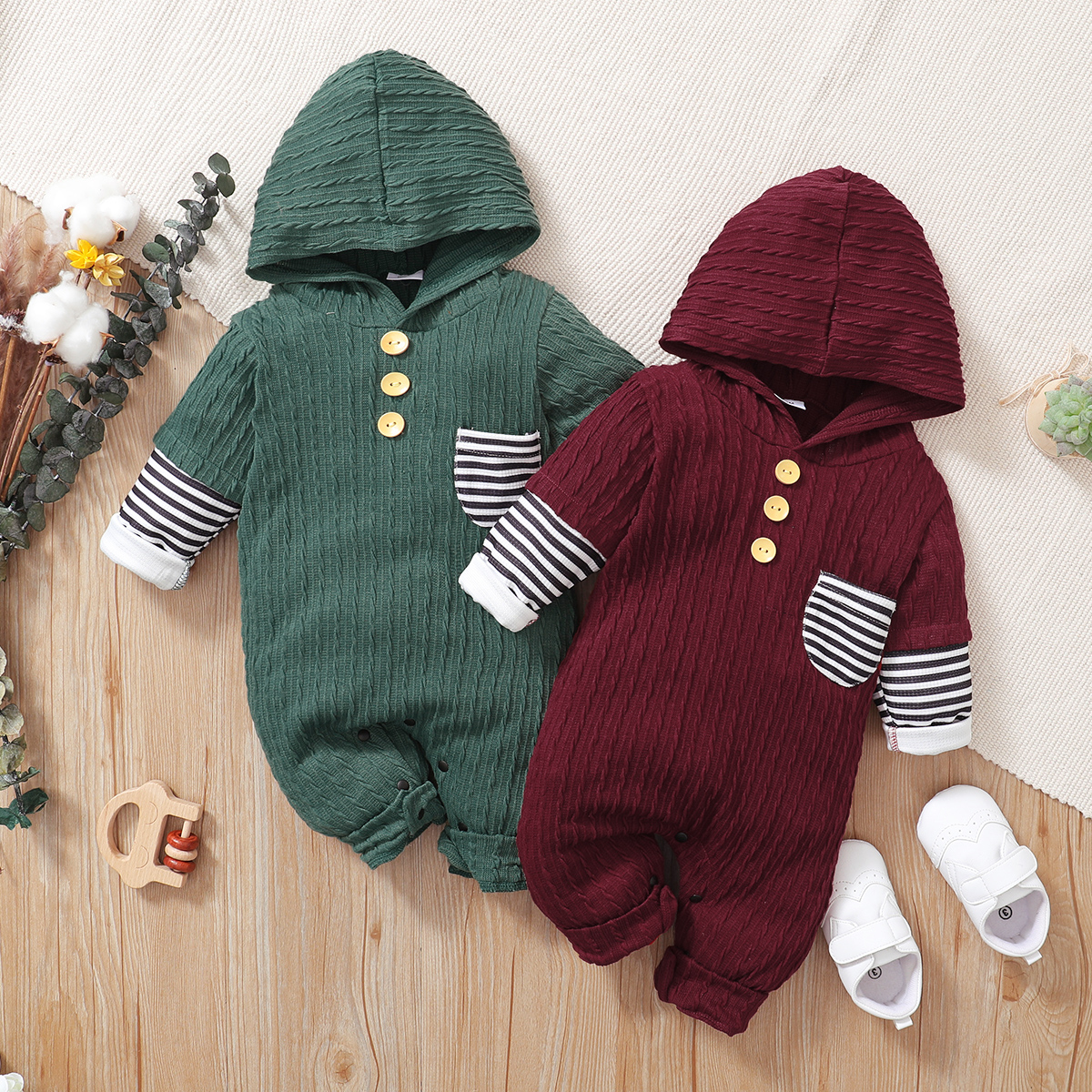 

Baby Boy/Girl Solid Splicing Striped Long-sleeve Hooded Jumpsuit