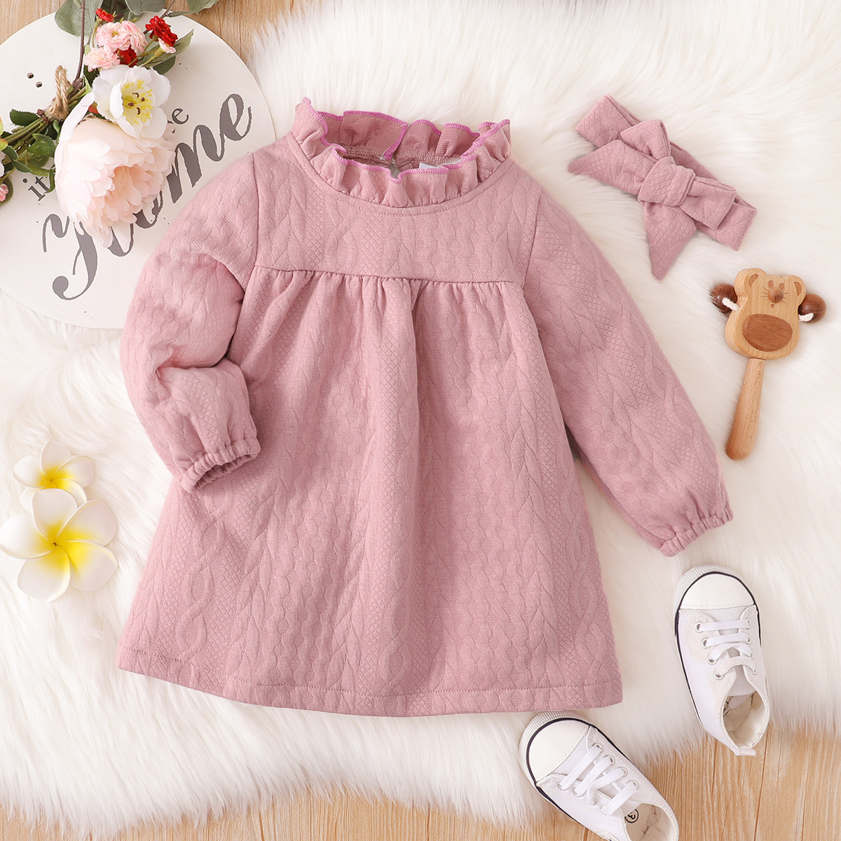 

2pcs Baby Pink Frill Collar Long-sleeve Dress Set