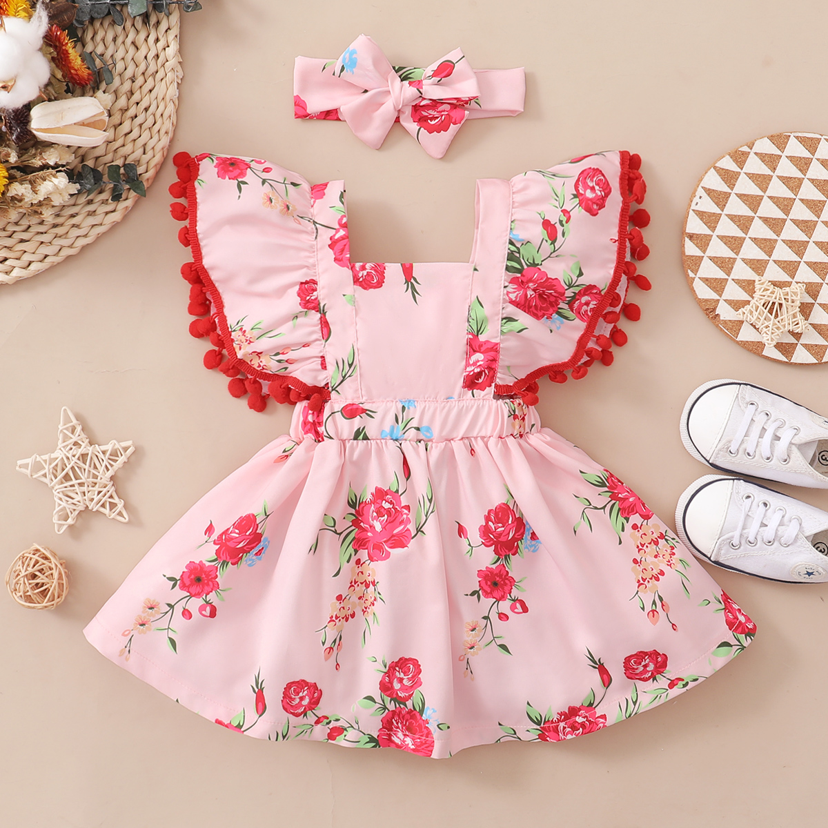 

2pcs Baby Girl Red Pom Poms Decor Floral Print Sleeveless Ruffle Flowy Dress with Headband Set