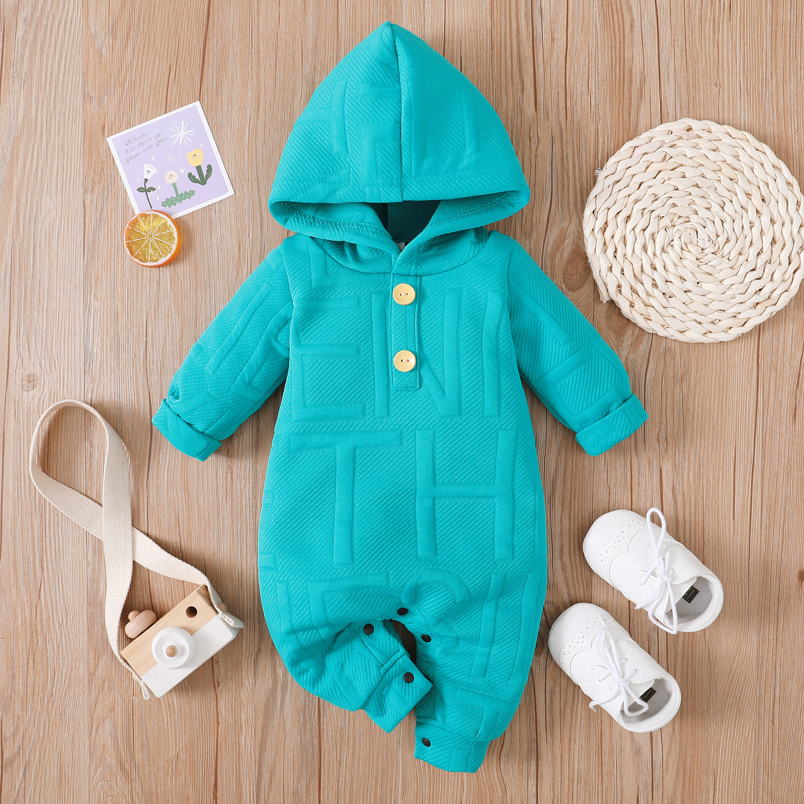 

Baby Boy Letter Textured Blue Long-sleeve Hooded Jumpsuit