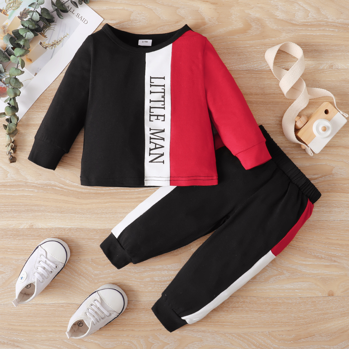 

2pcs Baby Boy Letter Print Colorblock Long-sleeve Pullover and Trousers Set