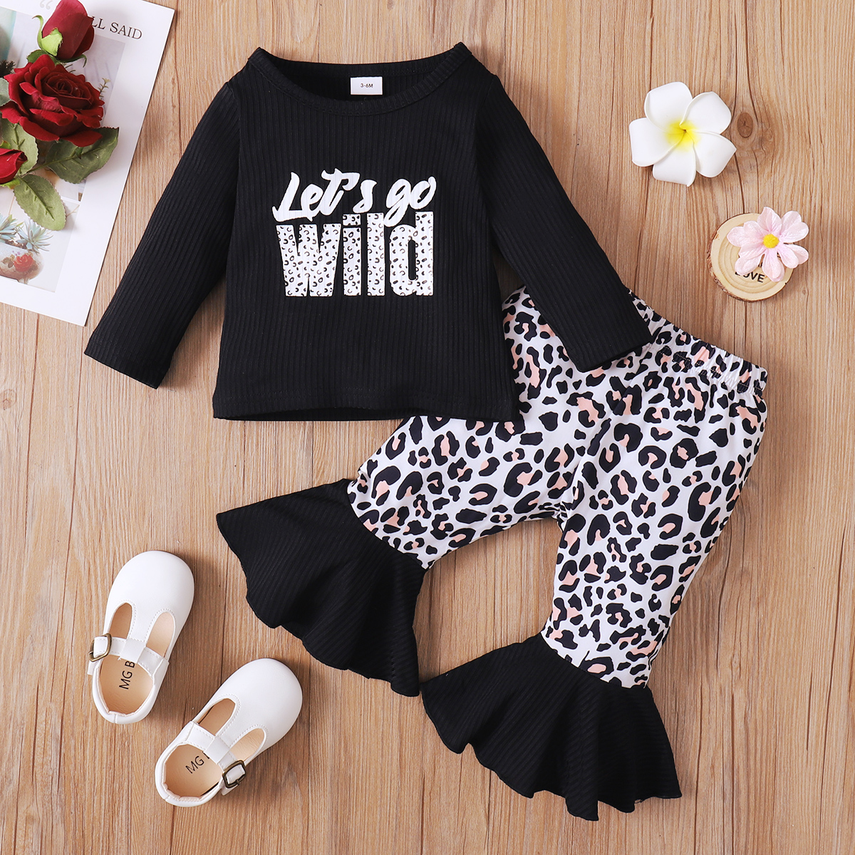 

2pcs Baby Girl Letter Print Black Ribbed Long-sleeve T-shirt and Leopard Bell Bottom Pants Set