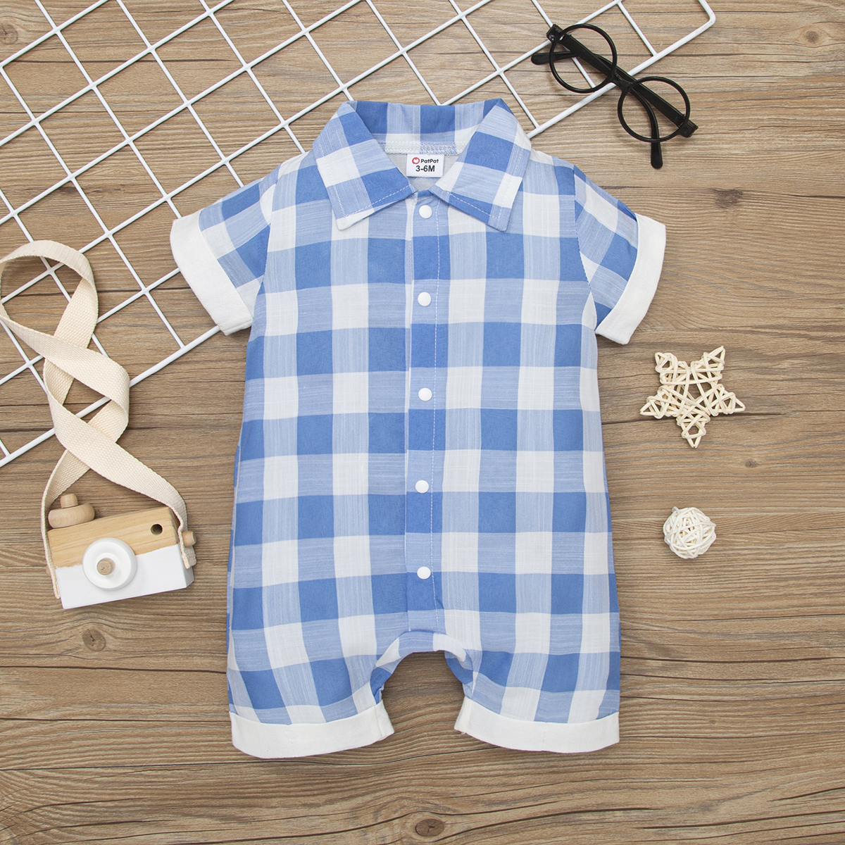 

100% Cotton Baby Boy Blue and White Plaid Short-sleeve Snap Romper
