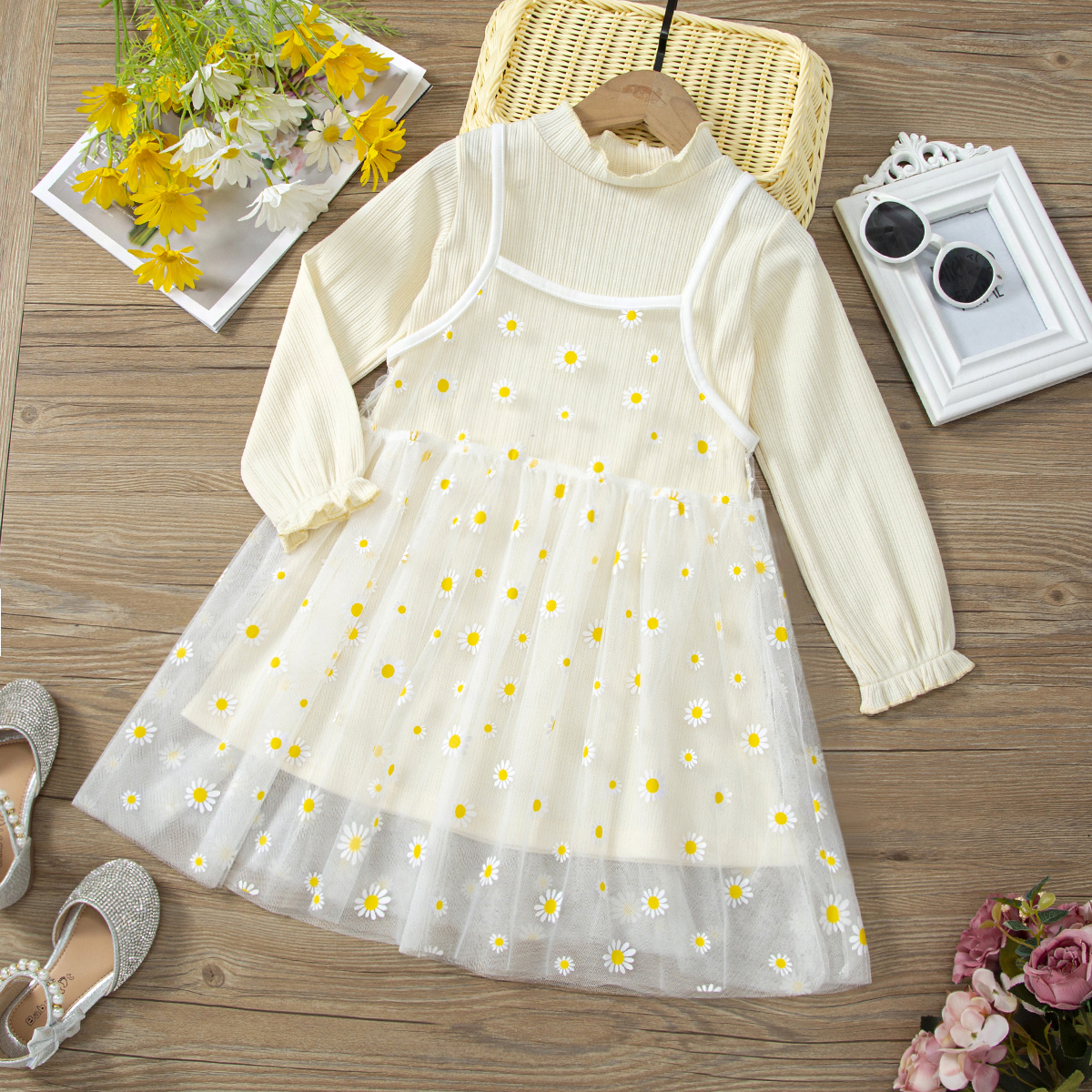 

2pcs Toddler Girl Mock Neck Long-sleeve Dress and Floral Print Mesh Slip Dress Set