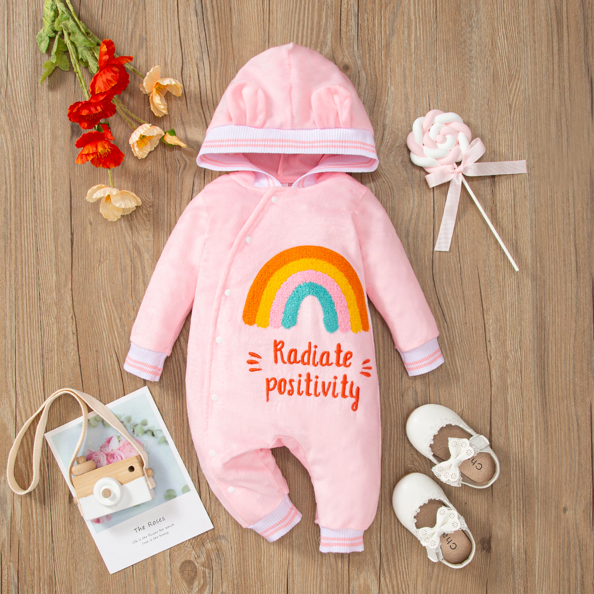 

Baby Girl Rainbow & Letter Embroidered Pink 3D Ears Hooded Long-sleeve Jumpsuit