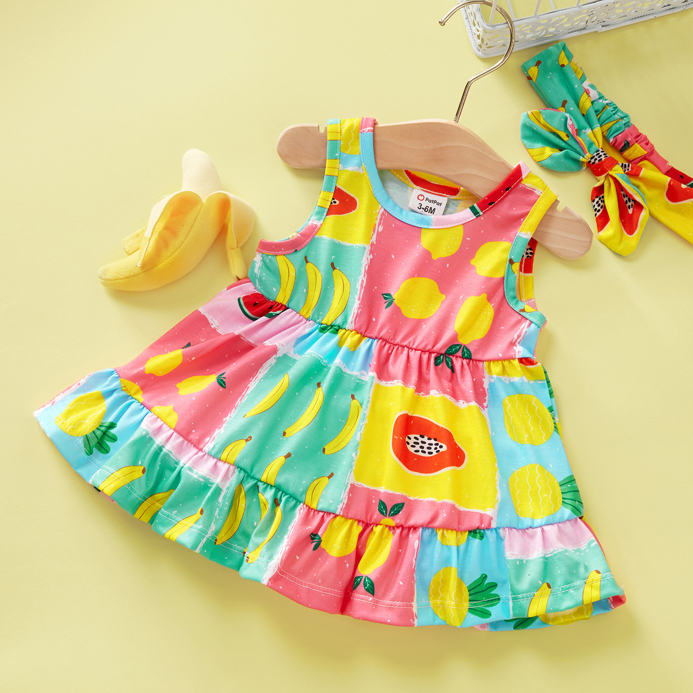 

2-piece Baby / Toddler Colorblock Fruit Print Dress with Headband Set