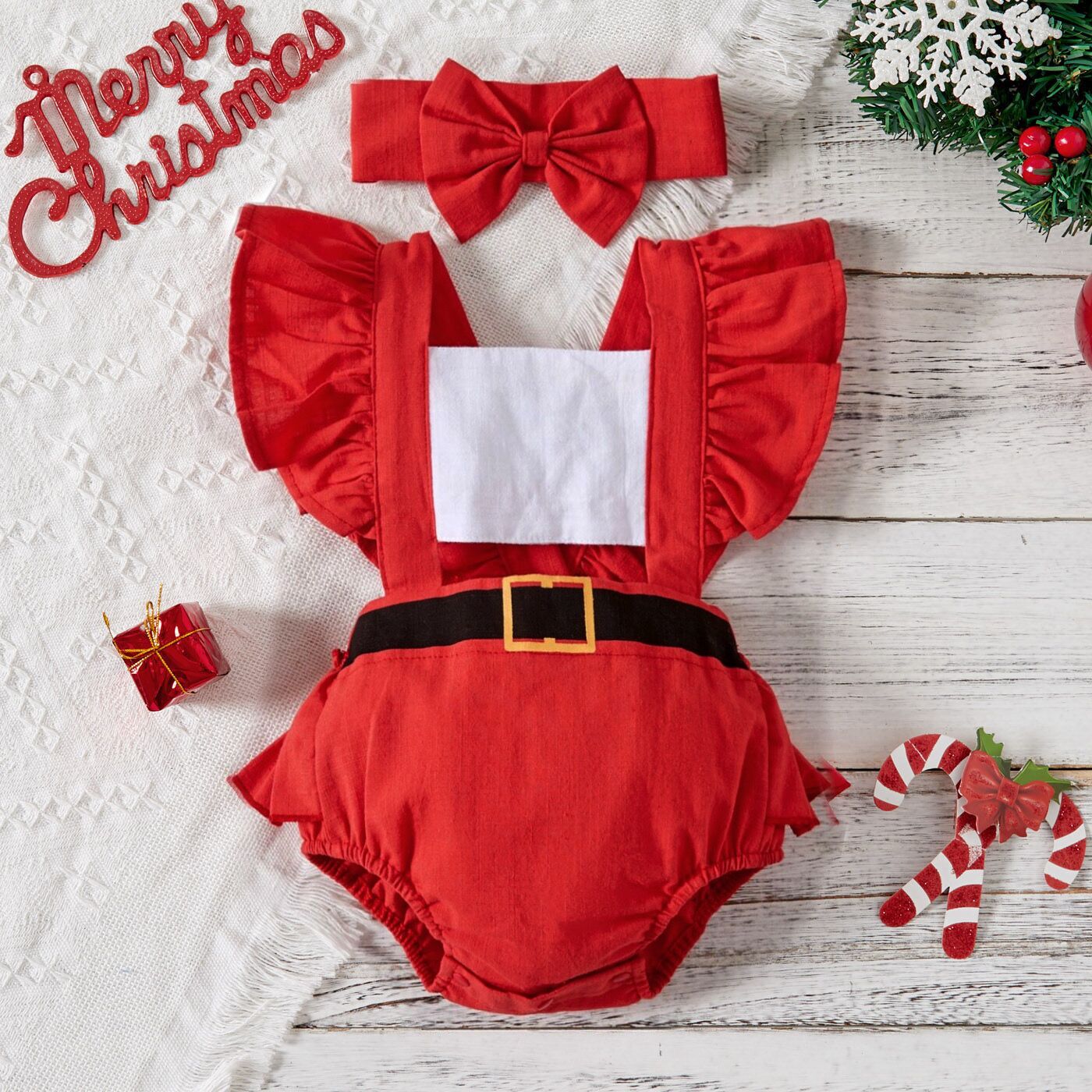 

100% Cotton Baby 2pcs Red Splicing Flutter-sleeve Romper