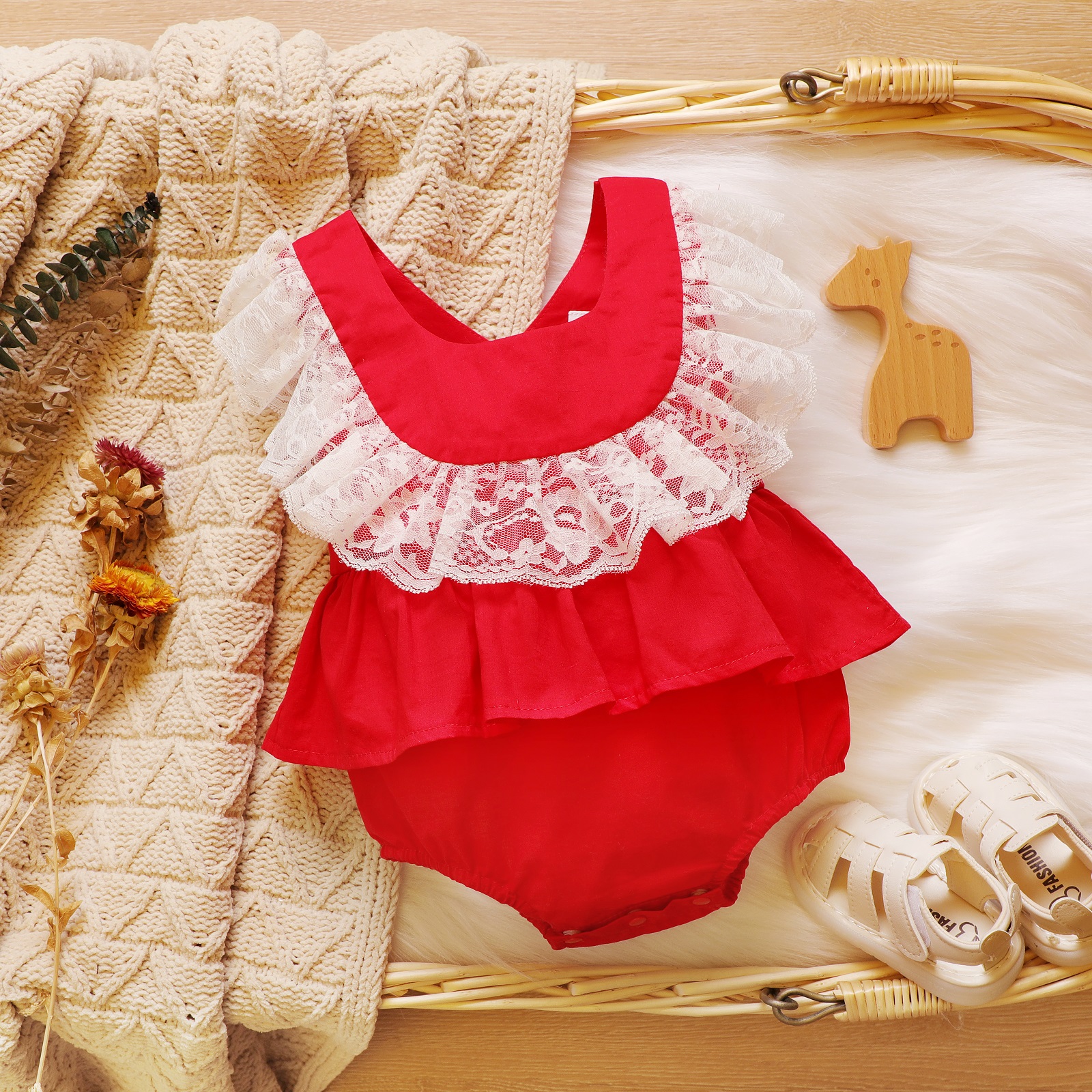 

100% Cotton Red Square Neck Lace Splicing Ruffle Baby Party Romper