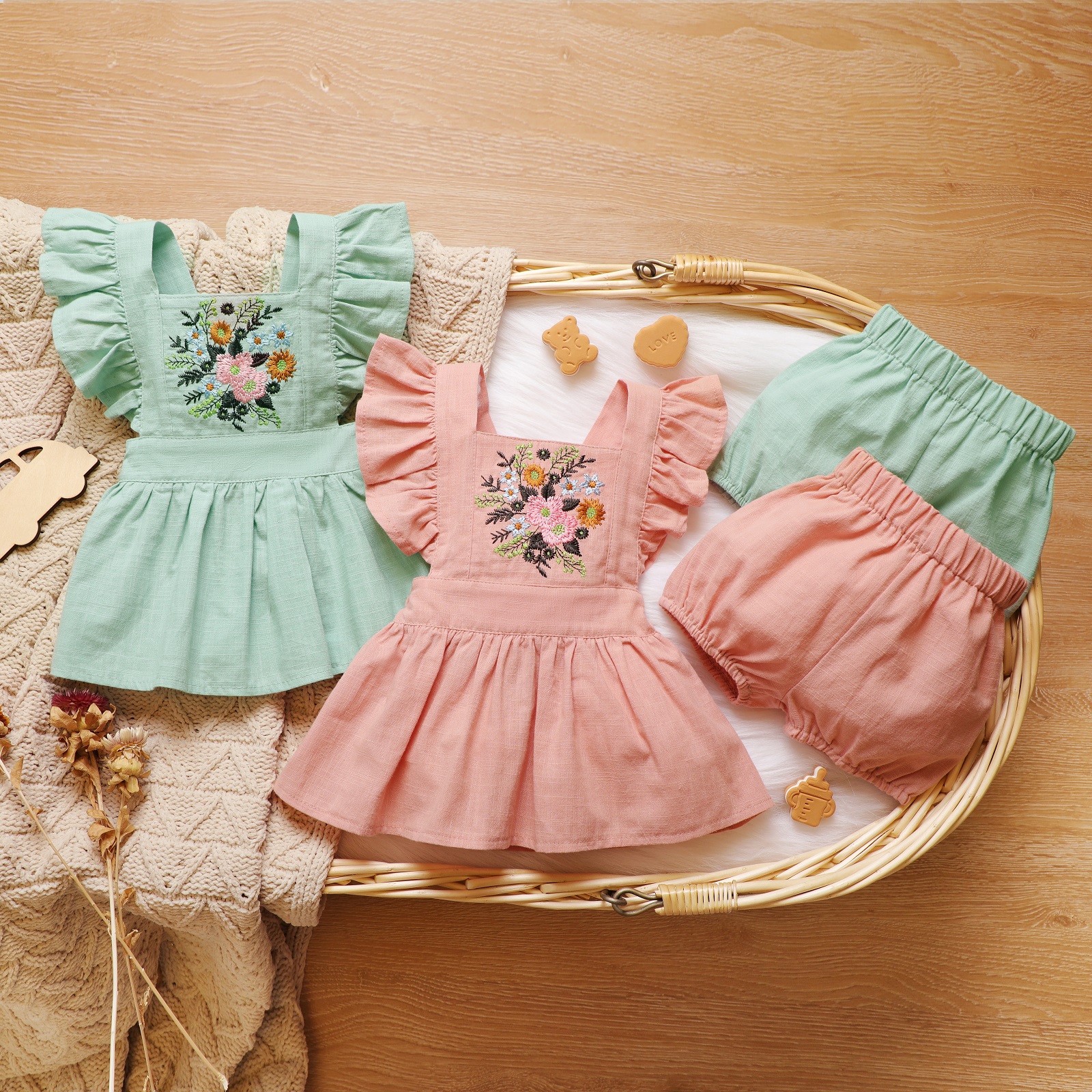 

100% Cotton 2pcs Floral Print Flutter-sleeve Baby Set