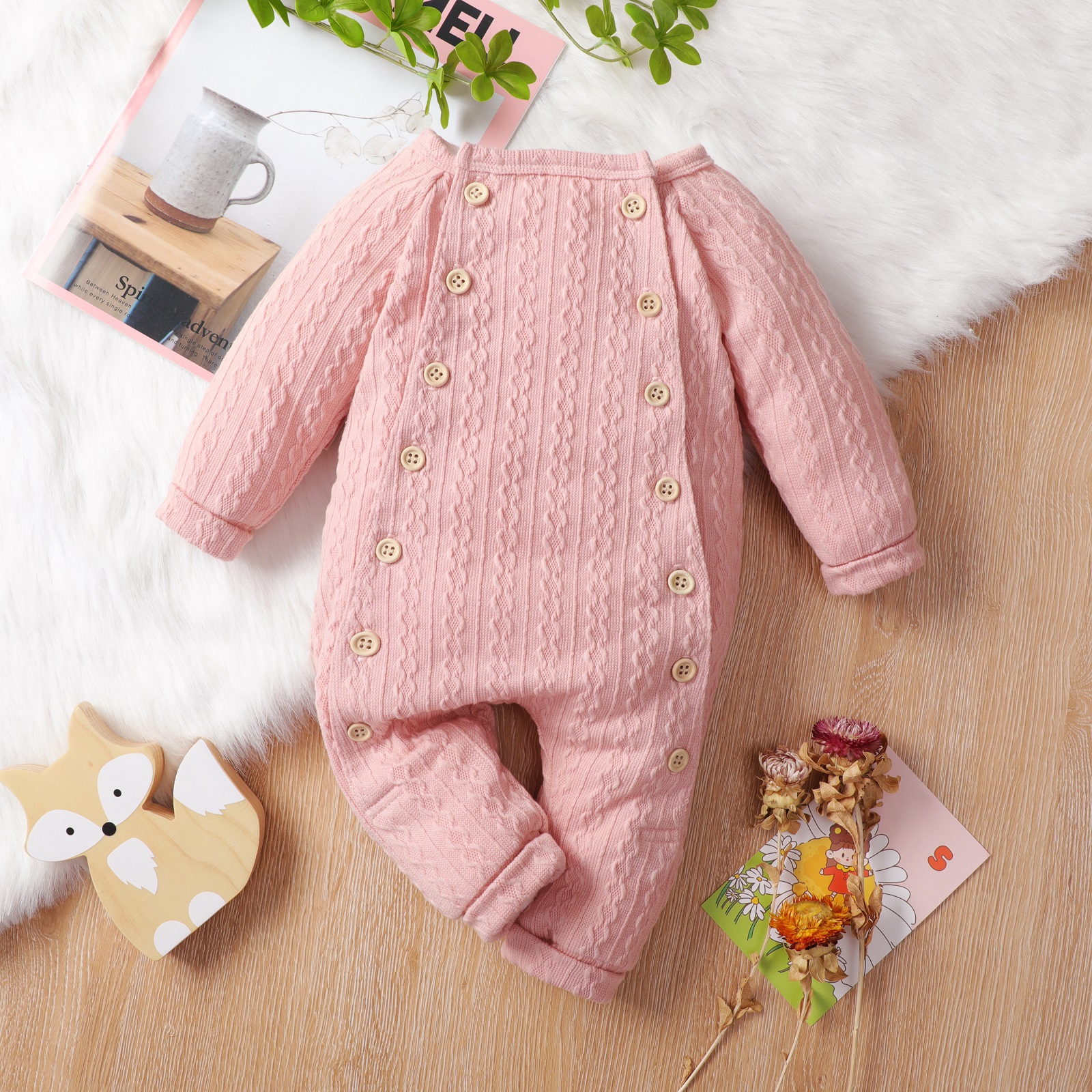 

Baby Solid Pink Double Breasted Long-sleeve Jumpsuit