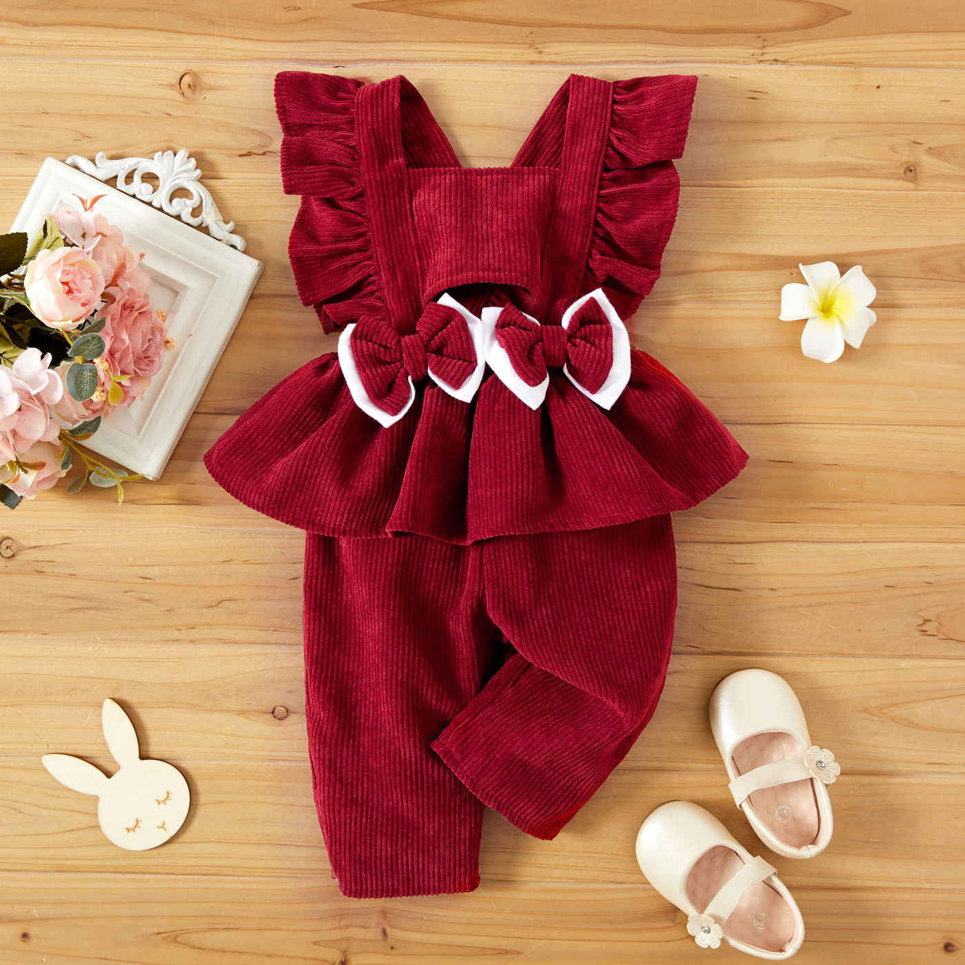 

Baby Solid Sleeveless Ruffle Bowknots Corduroy Overalls